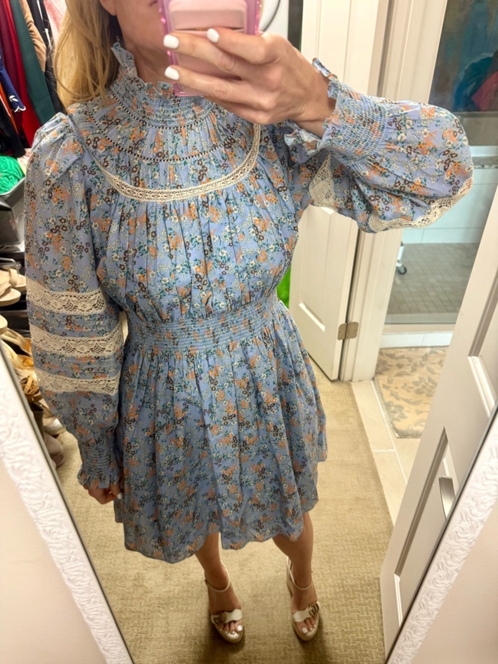HUNTER BELL Ryan Dress Ditsy Blue Floral, High Neck Smocked - Picture 3 of 7